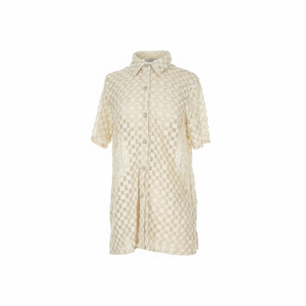 Chic Cream Checkered Sheer Button Down Shirt